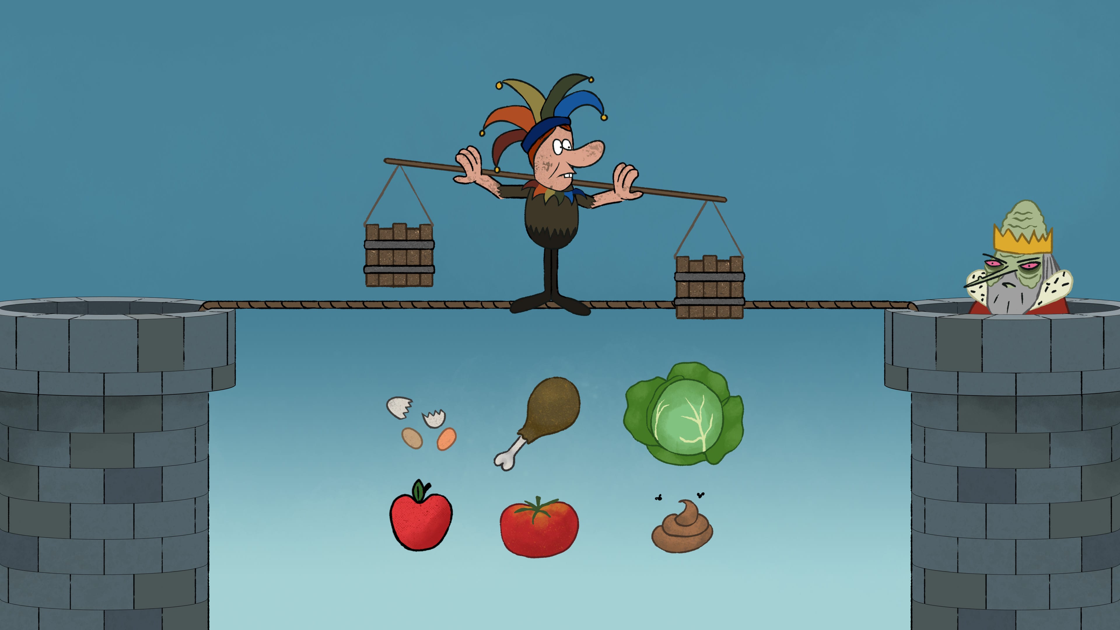 Dodge the rotten food while balancing